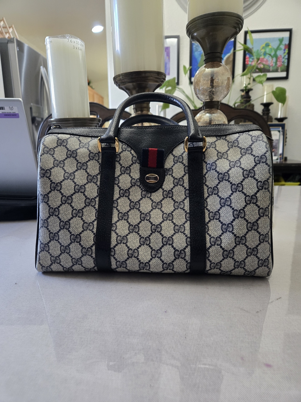 Gucci Beige/Black GG Canvas Duffel with Red-Blue Web Accent
